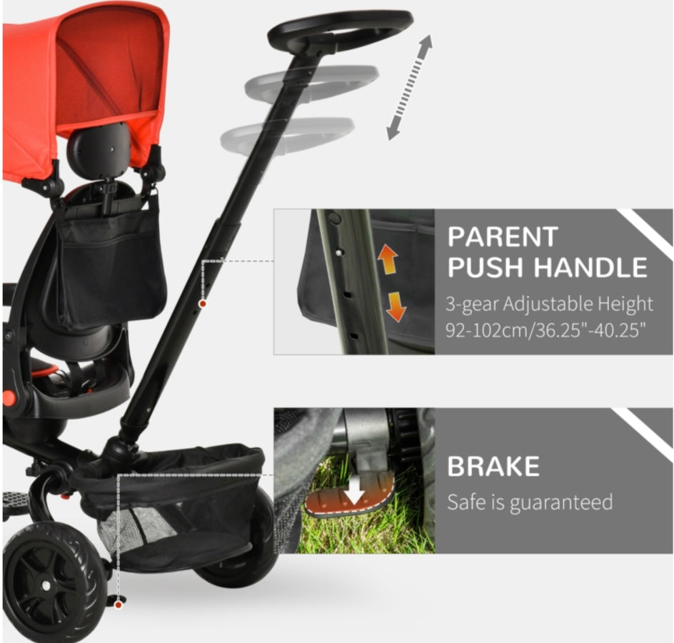 4-in-1 Kids Tricycle with Parent Handle, Adjustable Seat & Canopy – Reversible Seat, Storage Baskets & Safety Belt