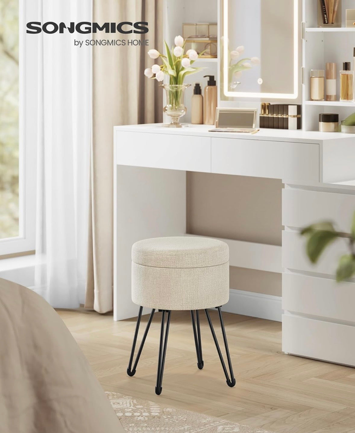 SONGMICS Round Storage Ottoman Stool