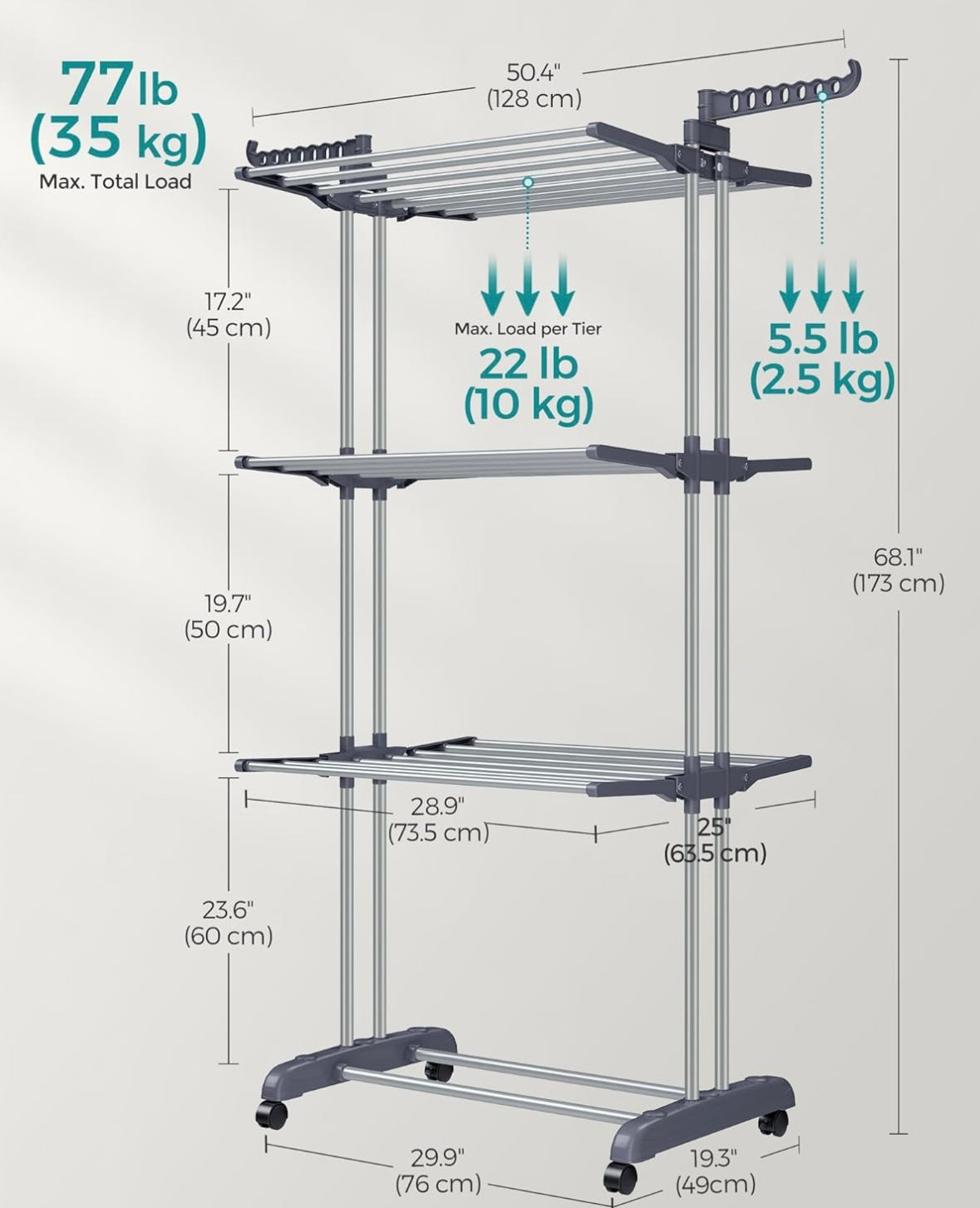 VASAGLE 4-Tier Foldable Clothes Drying Rack — Heavy-Duty Stainless Steel (Dove Grey)