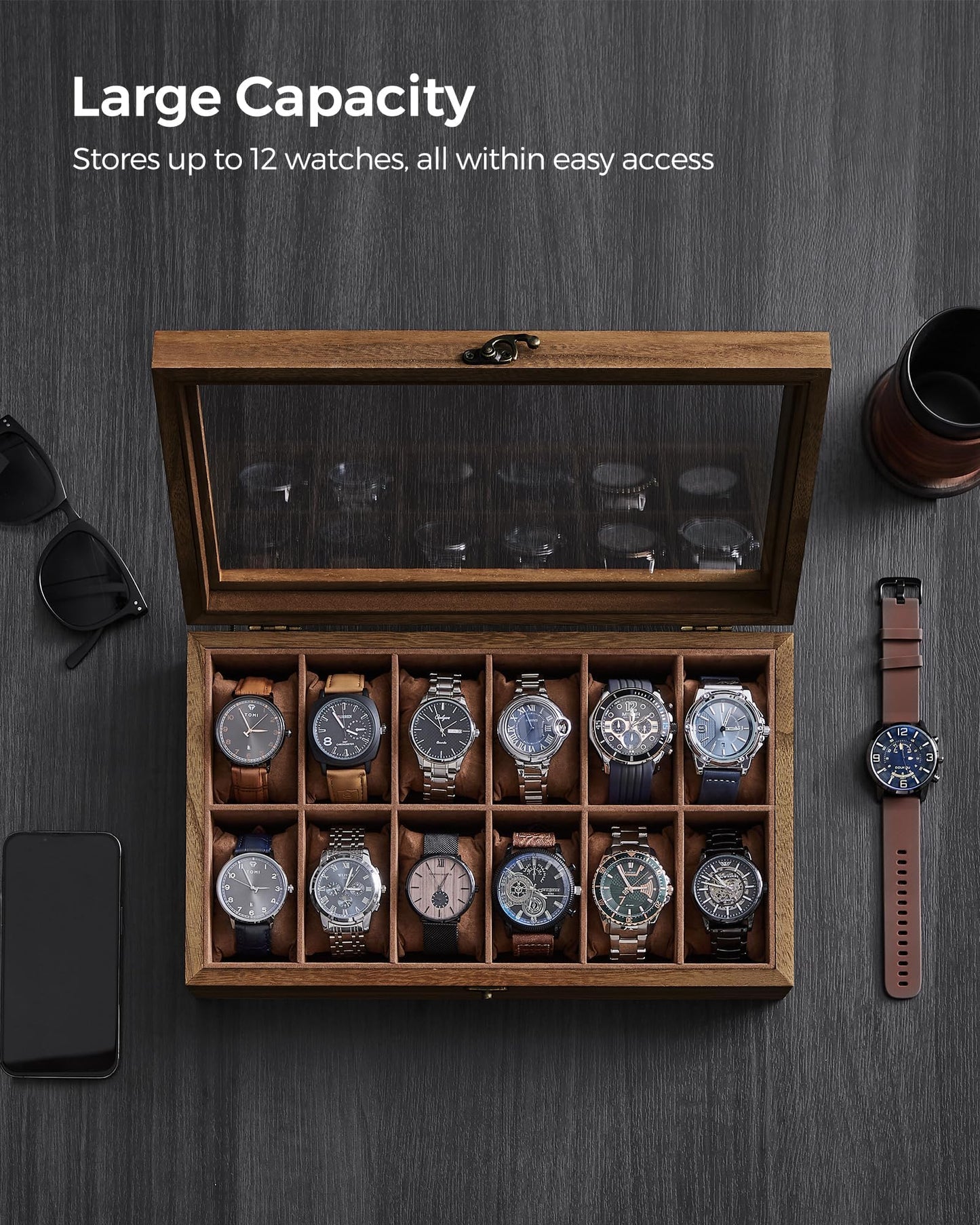 SONGMICS 12-Slot Wooden Watch Box – Rustic Walnut