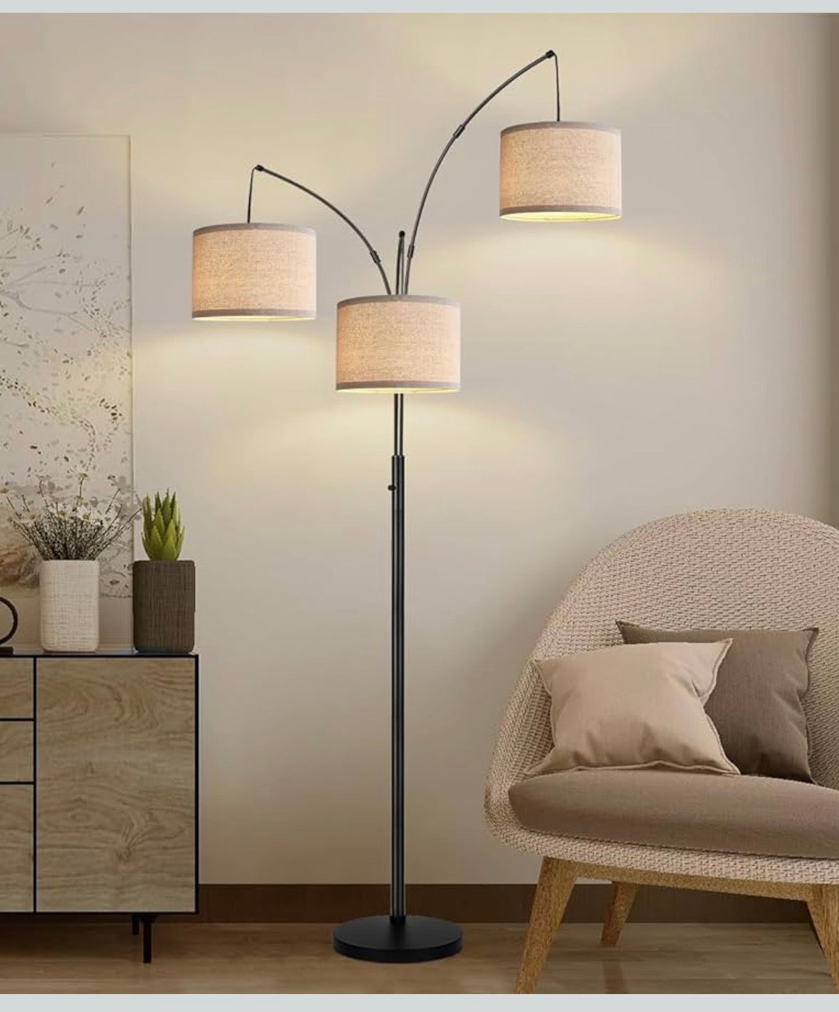 Modern 3-Light Arc Floor Lamp – Matte Black with Linen Shades