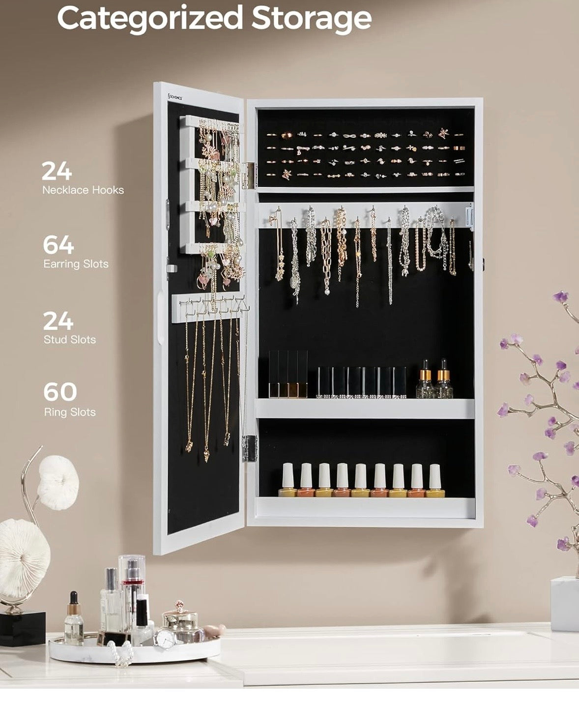 SONGMICS Wall-Mounted Jewelry Cabinet with Mirror – White