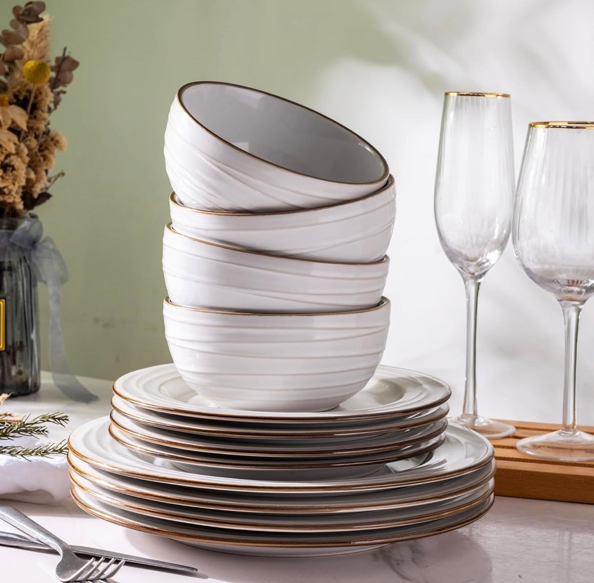 GBHOME 12-Piece Embossed Stoneware Dinnerware Set – Pearl White-Wave (40% Off Amazon Price)