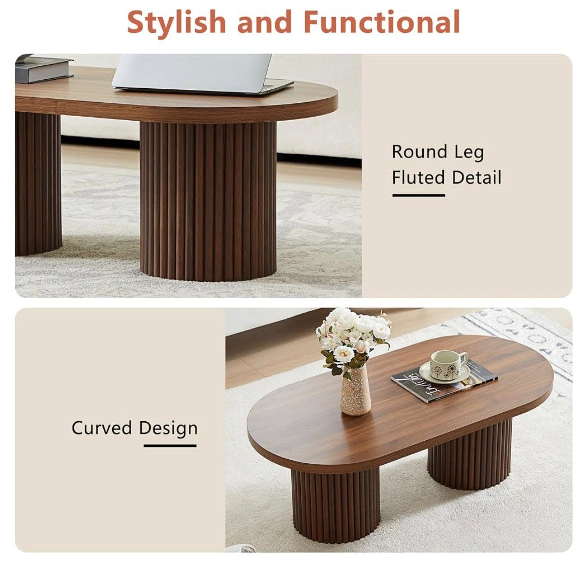 AVZEAR Fluted Oval Coffee Table – Walnut Finish