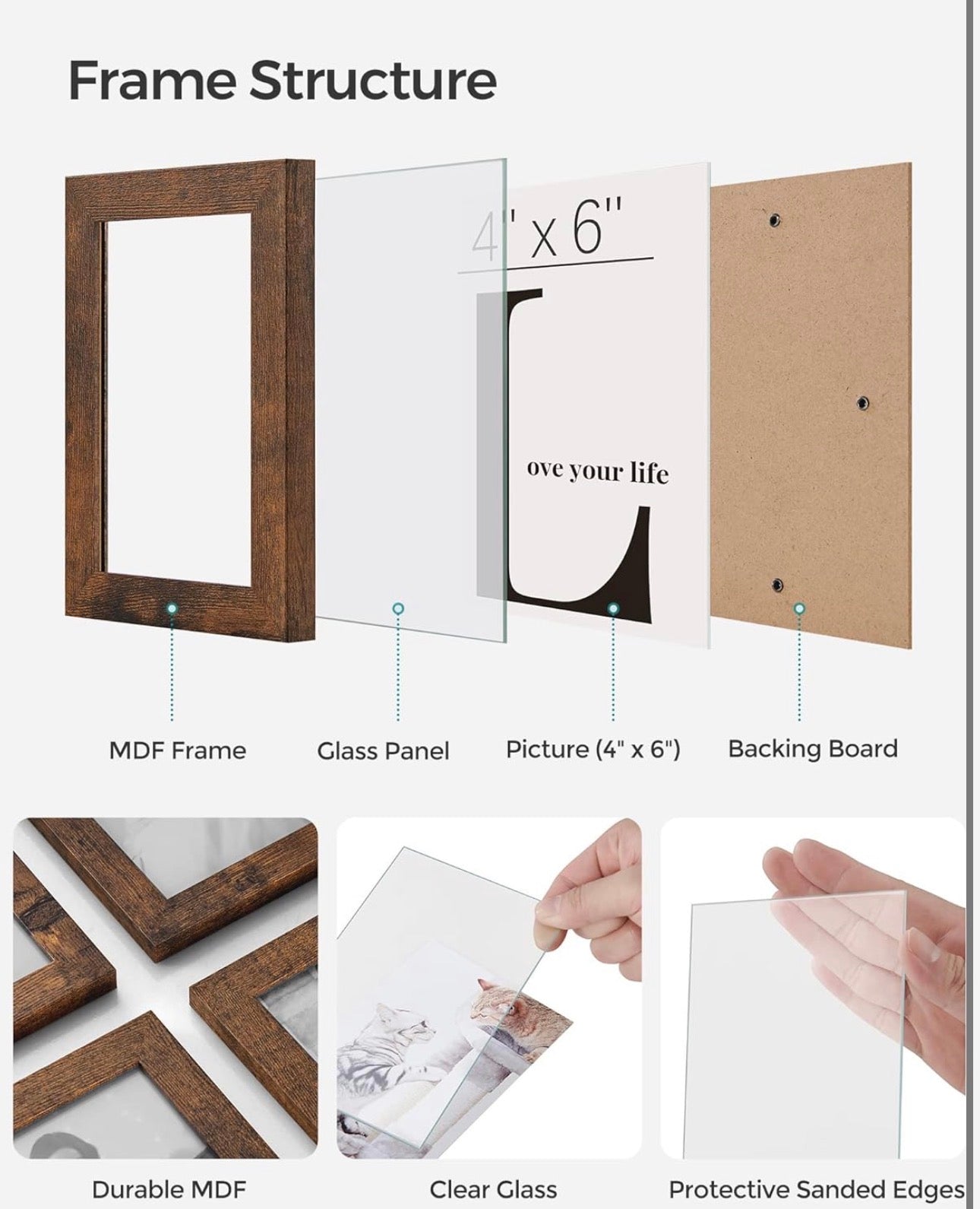 SONGMICS 12-Pack 4×6 Rustic Brown Wall Photo Frames