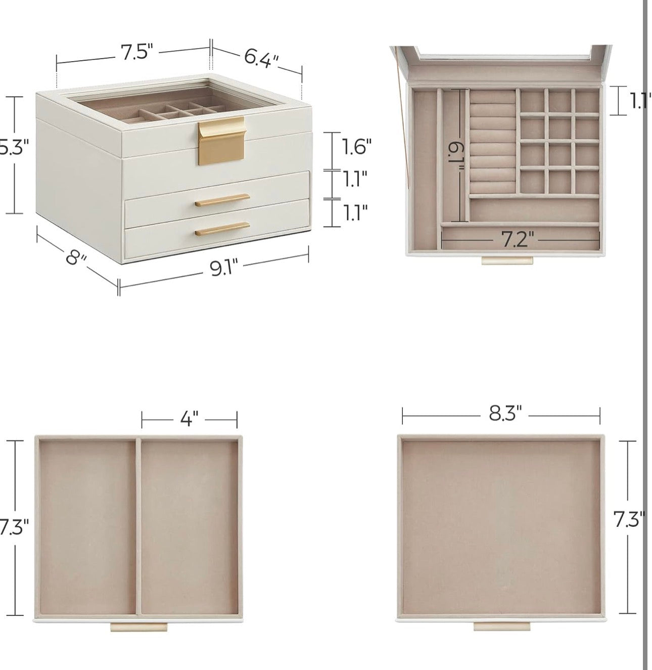 SONGMICS 3-Layer Jewelry Box with Glass Lid