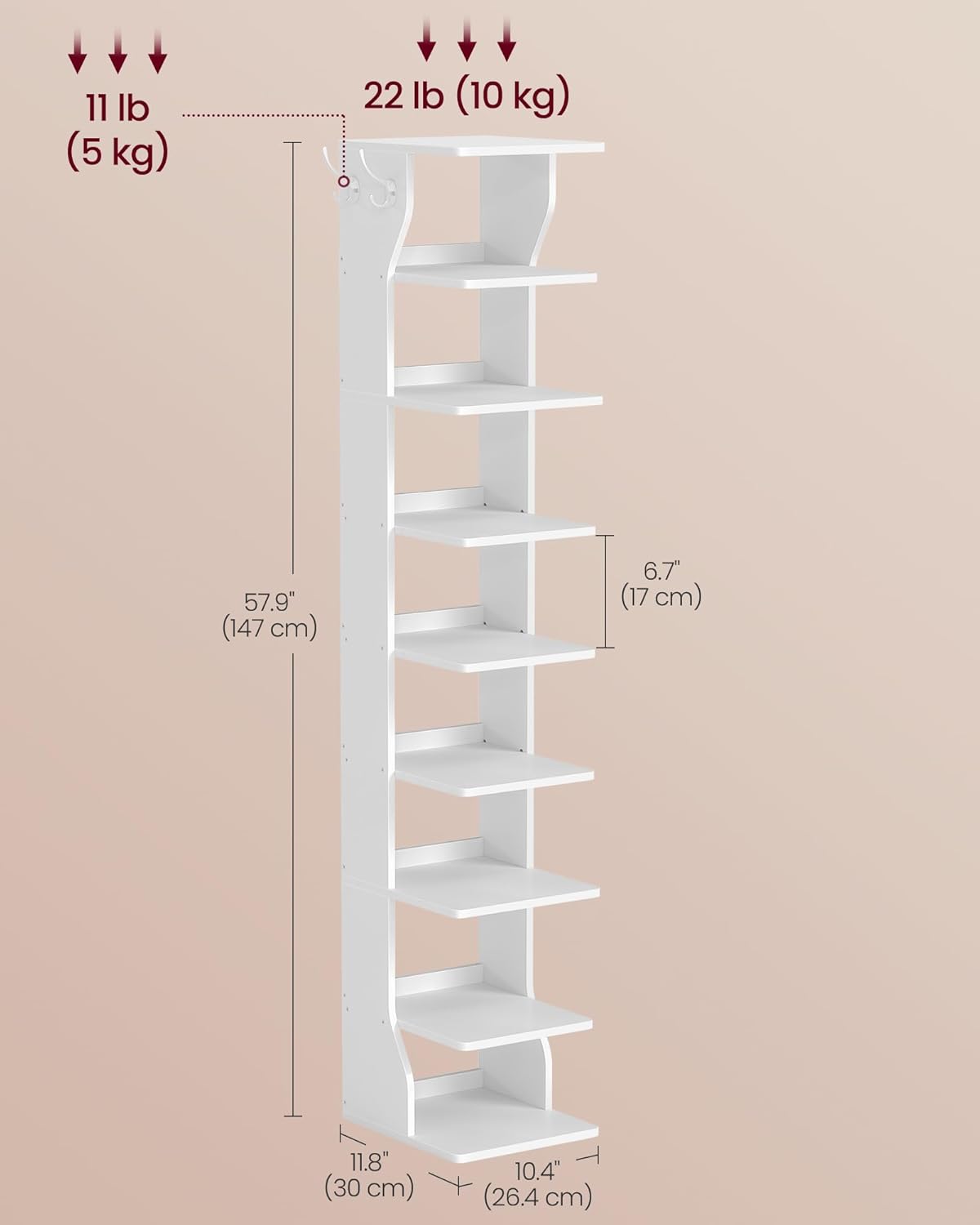 9-Tier Slim Shoe Rack with Hooks – White