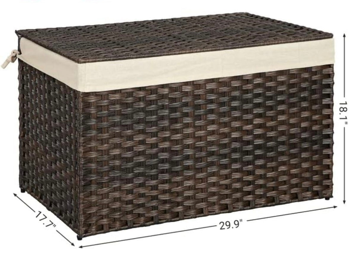 SONGMICS 160L Large Woven Laundry Basket with Lid – Foldable Rattan Storage Hamper (Brown)