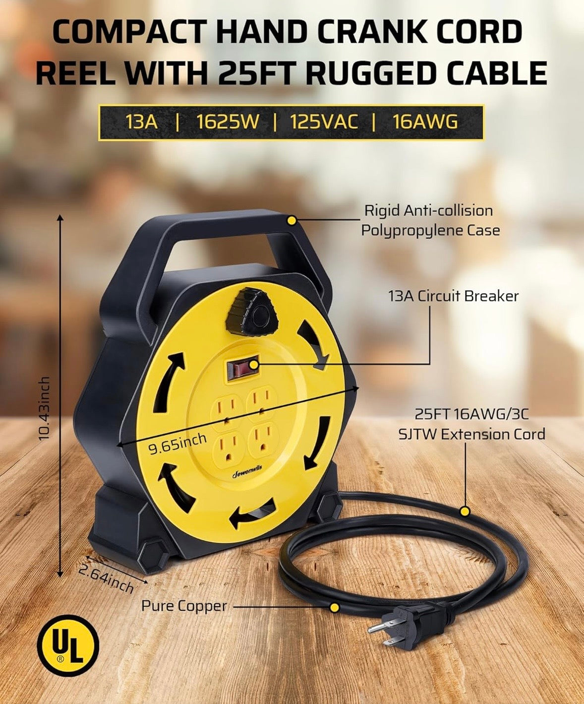 DEWENWILS 25 ft Extension Cord Reel – 4 Outlet Power Station