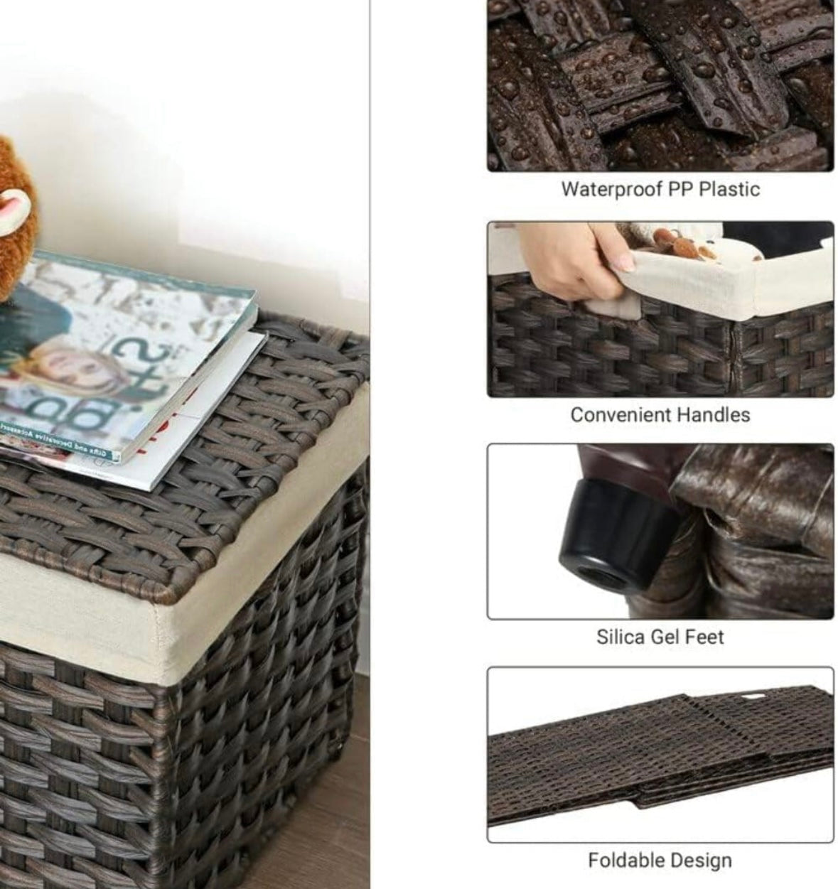 SONGMICS 160L Large Woven Laundry Basket with Lid – Foldable Rattan Storage Hamper (Brown)