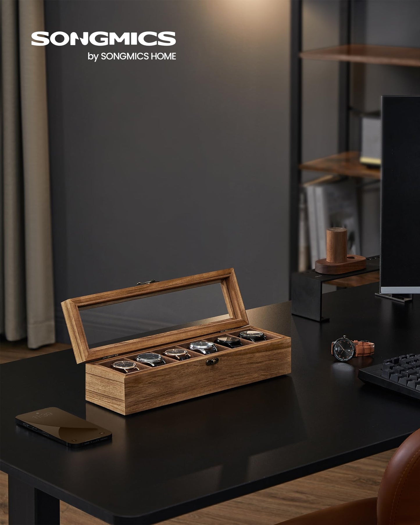 SONGMICS Rustic Walnut Watch Box – 6-Slot Display Case