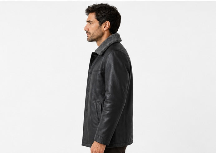 Men’s Black Sherpa Collar Leather Jacket
