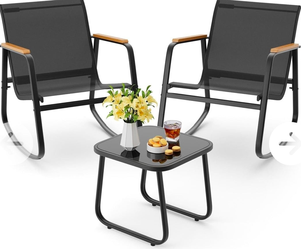 Modern Outdoor Rocking Bistro Set – Patio Conversation Set w/ Glass Table (Black)