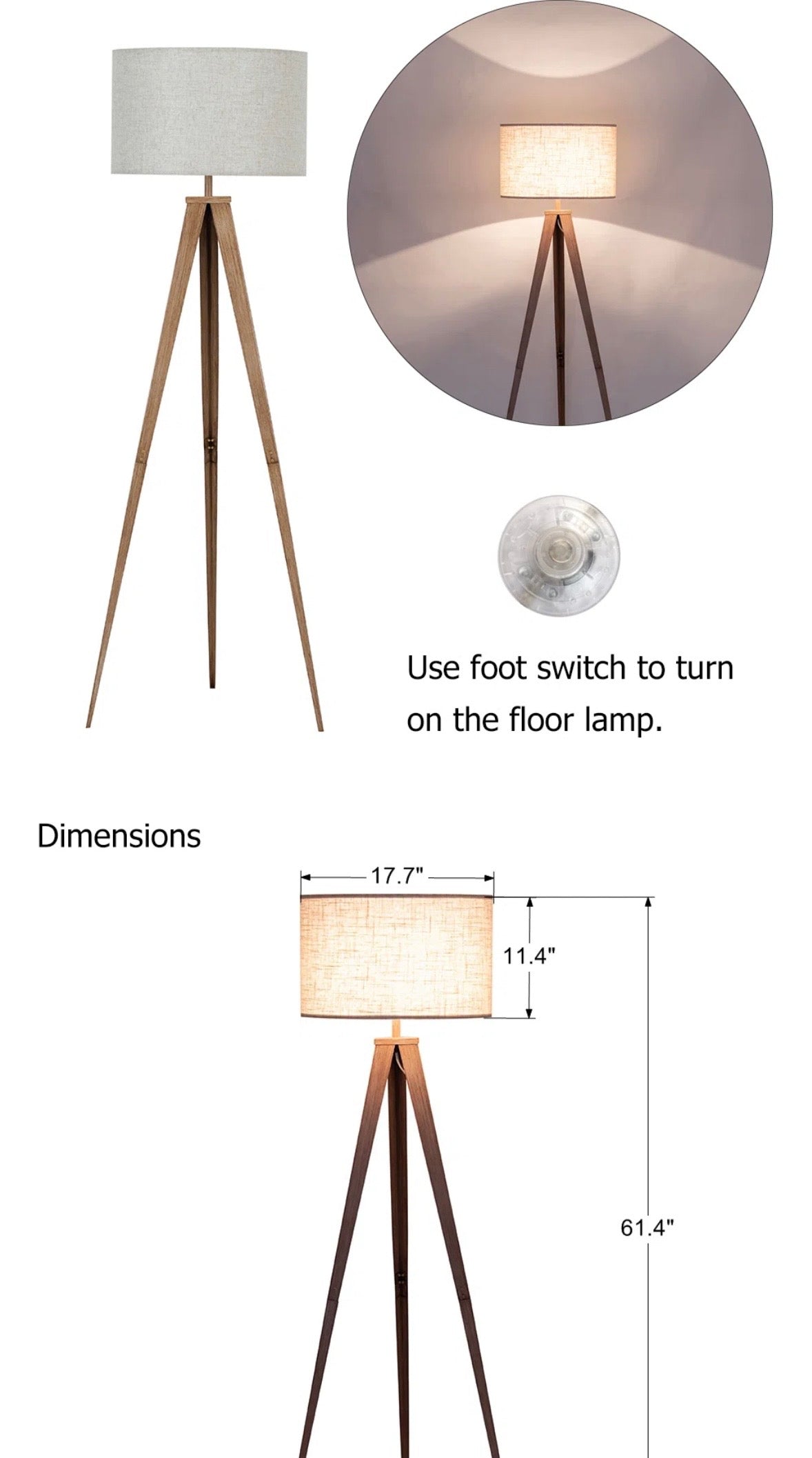 Modern 61” Tripod Floor Lamp – Metal Base with Drum Shade