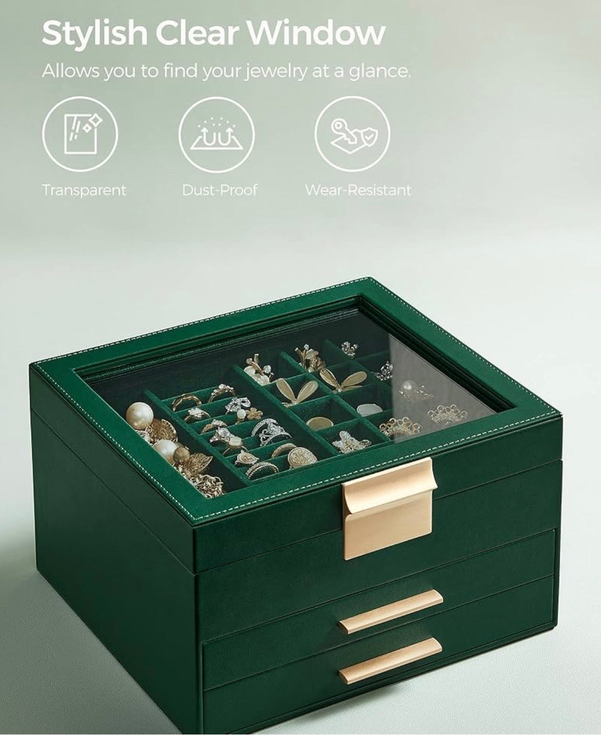 SONGMICS 3-Layer Jewelry Box with Glass Lid