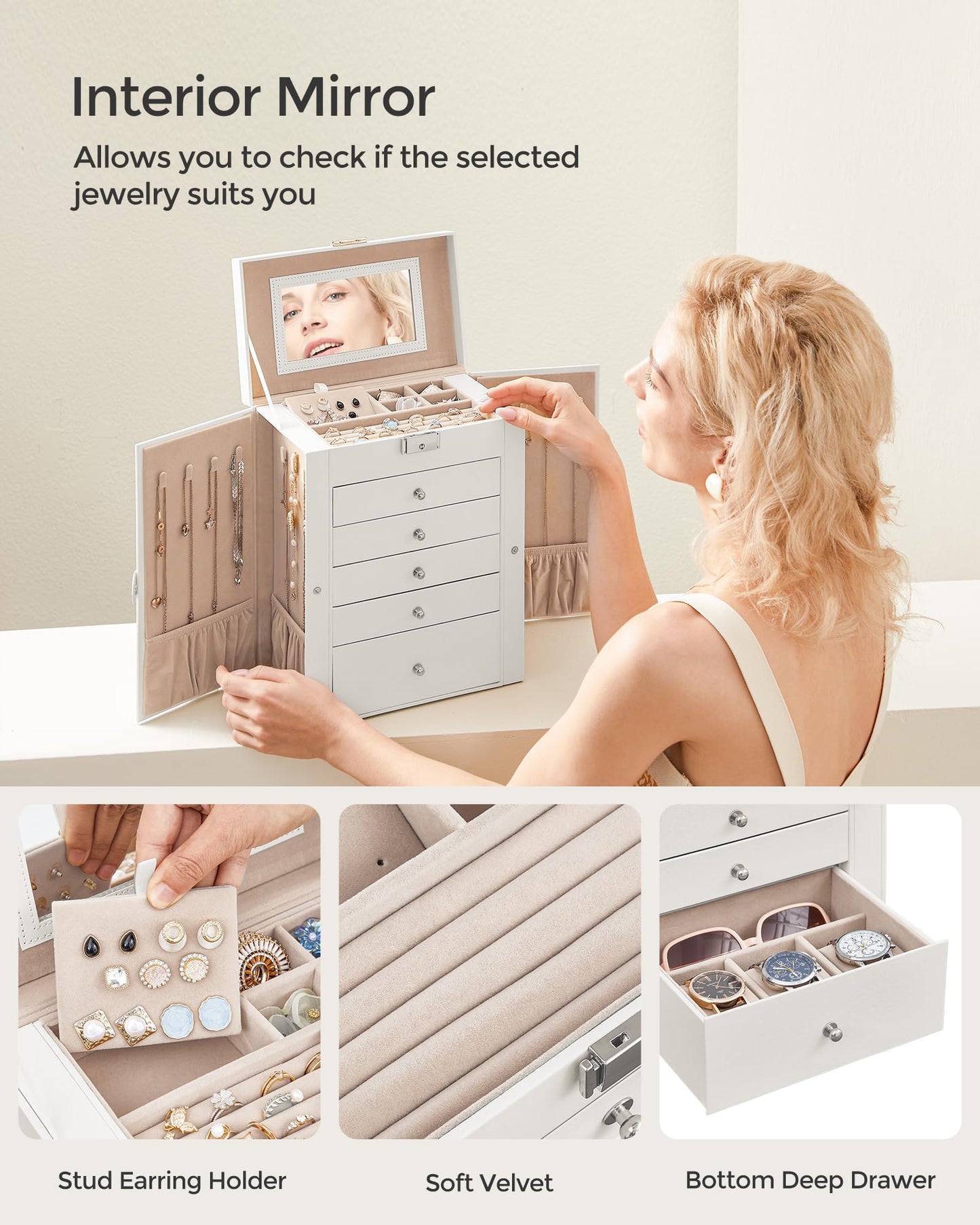 6-Tier Lockable Jewelry Organizer with Mirror