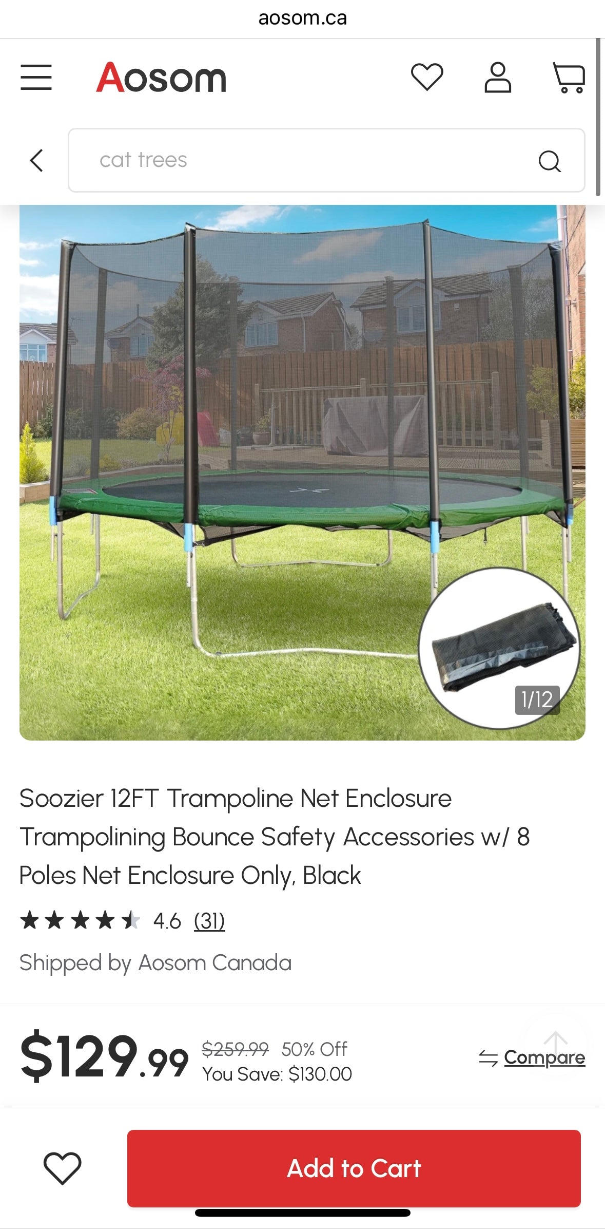 Soozier 12FT Trampoline Safety Enclosure Net with Poles — UV-Resistant Protective Net (Frame & Poles Included)