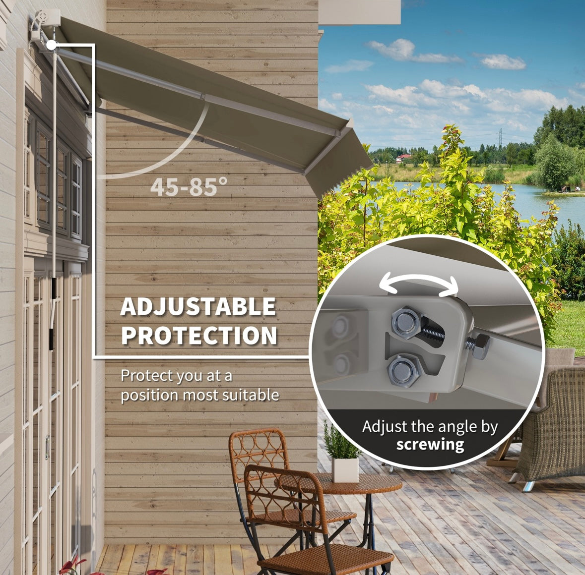 Outsunny Manual Retractable Patio Awning – Adjustable Sunshade | Aluminum Frame | UV & Heat Protection
