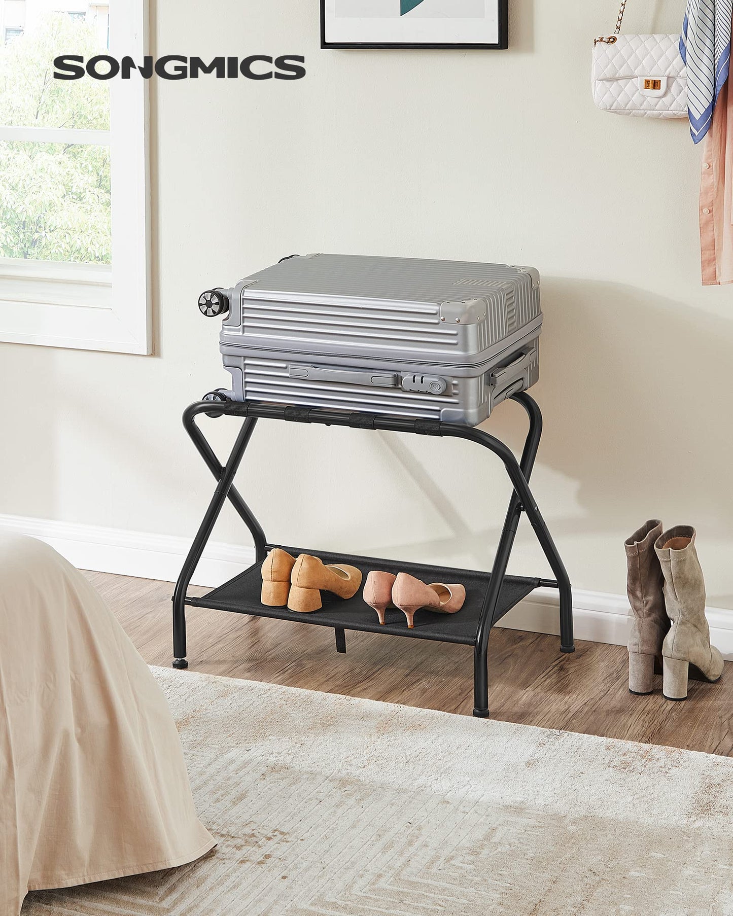 SONGMICS Foldable Luggage Rack with Shelf