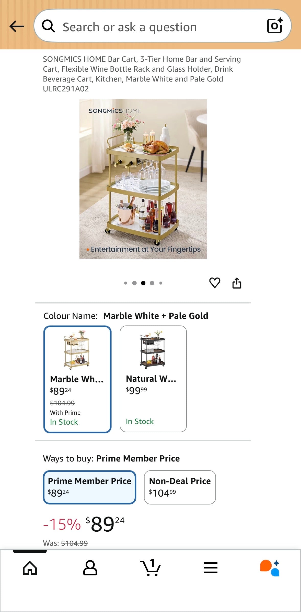 SONGMICS Rolling Bar Cart with Wine Rack – Marble White & Pale Gold