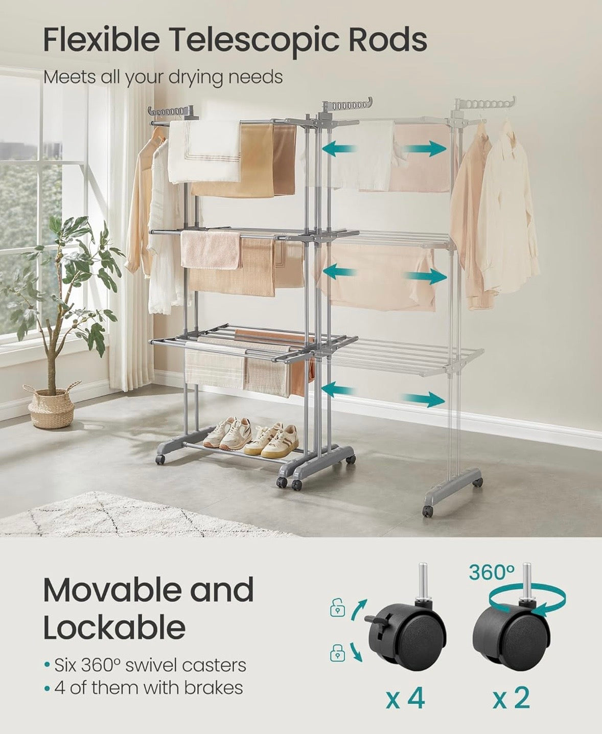 SONGMICS 4-Tier Clothes Drying Rack with Wheels – Dove Gray