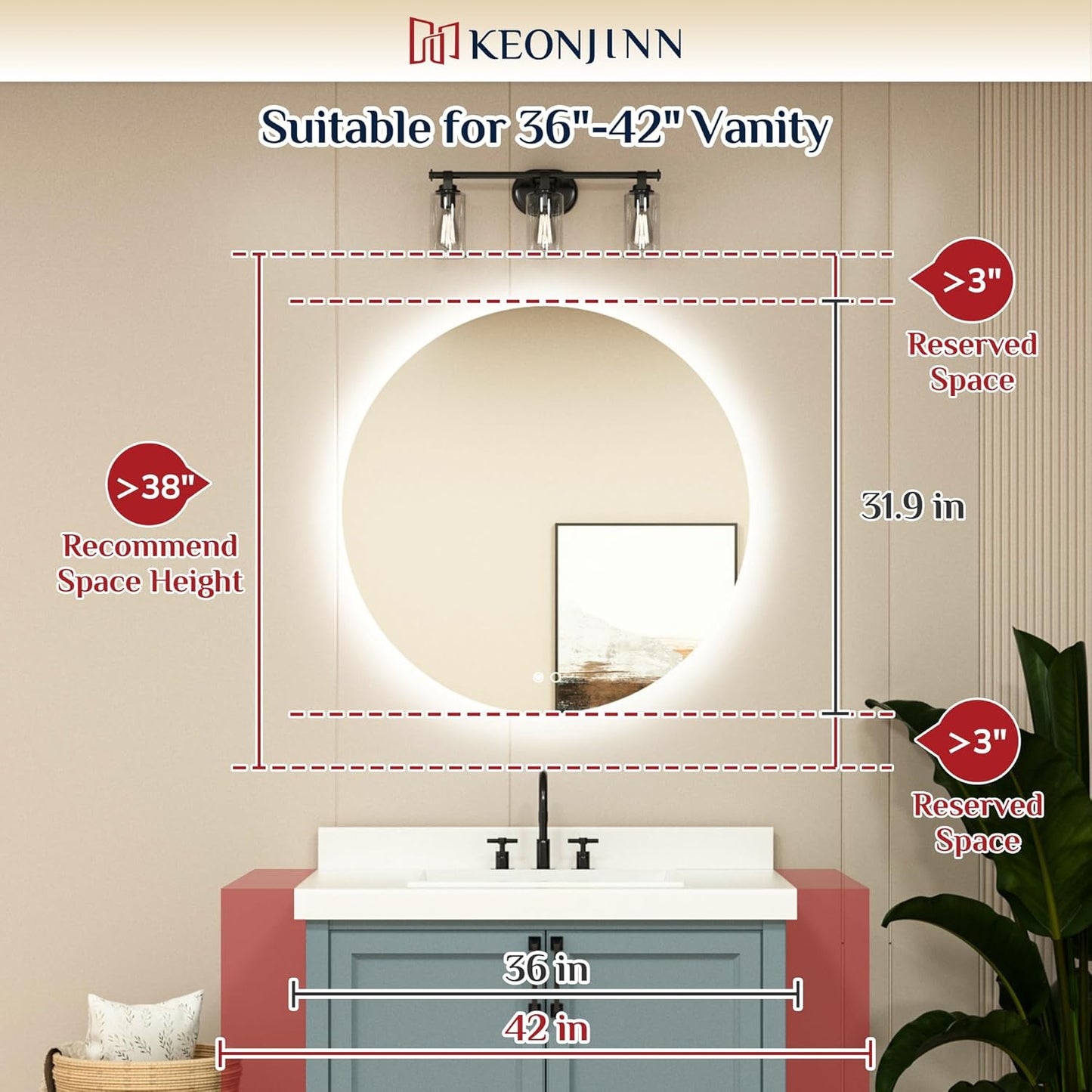 Keonjinn 32” Round LED Bathroom Mirror