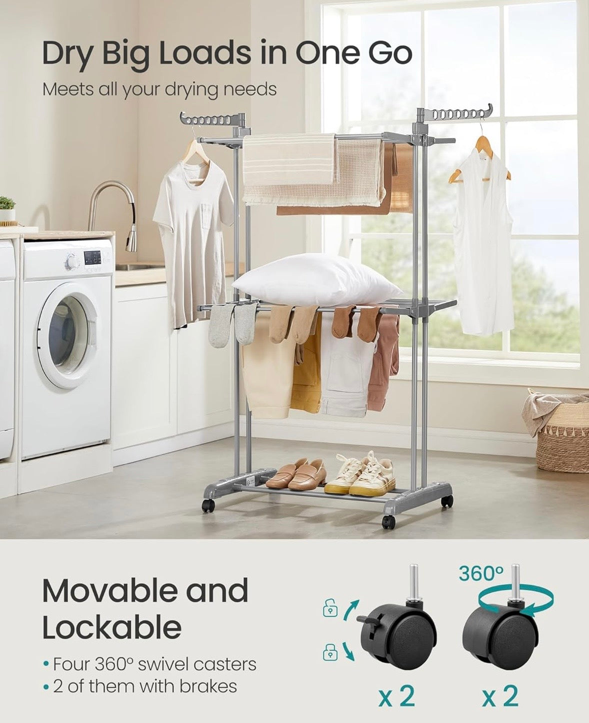 SONGMICS 3-Tier Clothes Drying Rack with Wheels – Dove Grey