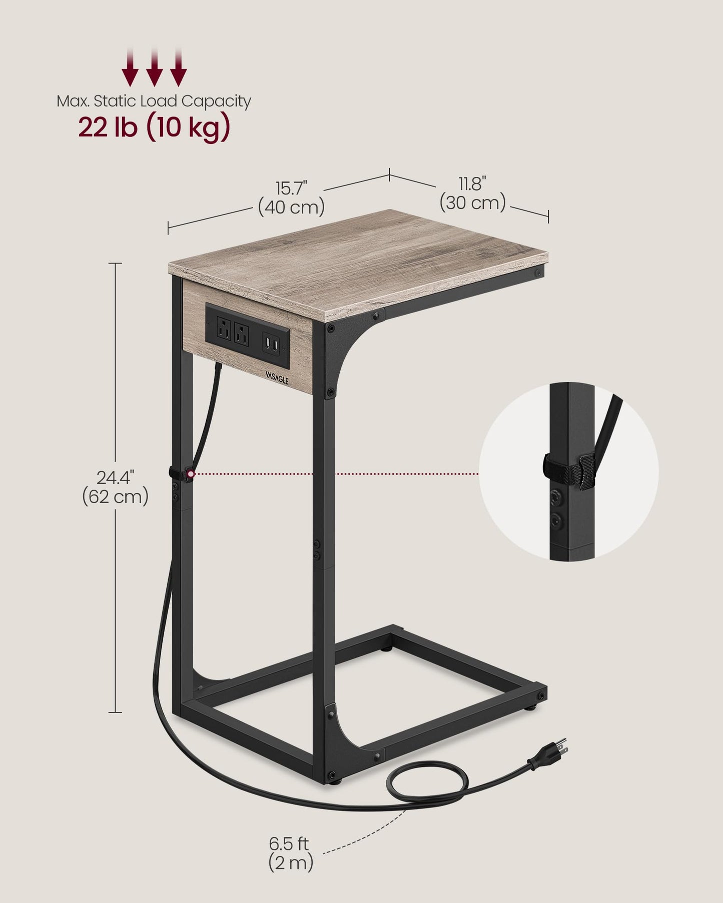 VASAGLE C-Shaped Side Table with Charging Station