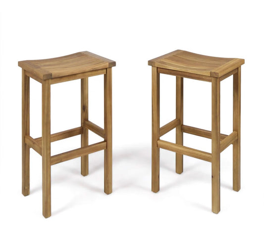 NEW – Set of 2 Acacia Wood Saddle Barstools – 30” Backless Counter Seating
