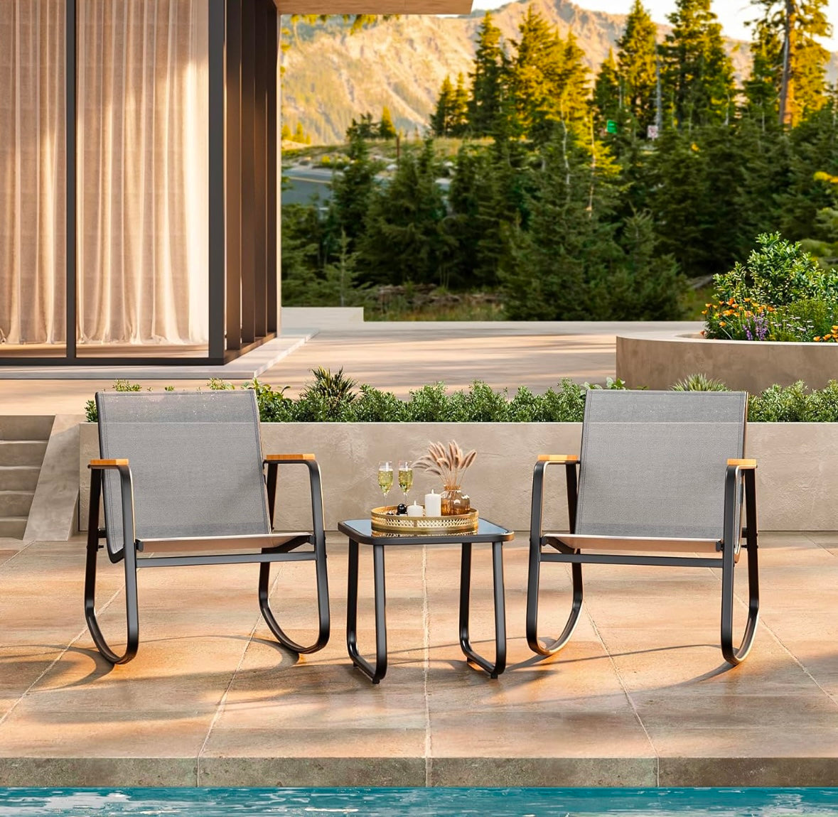 Modern Outdoor Rocking Bistro Set – Patio Conversation Set w/ Glass Table (Black)