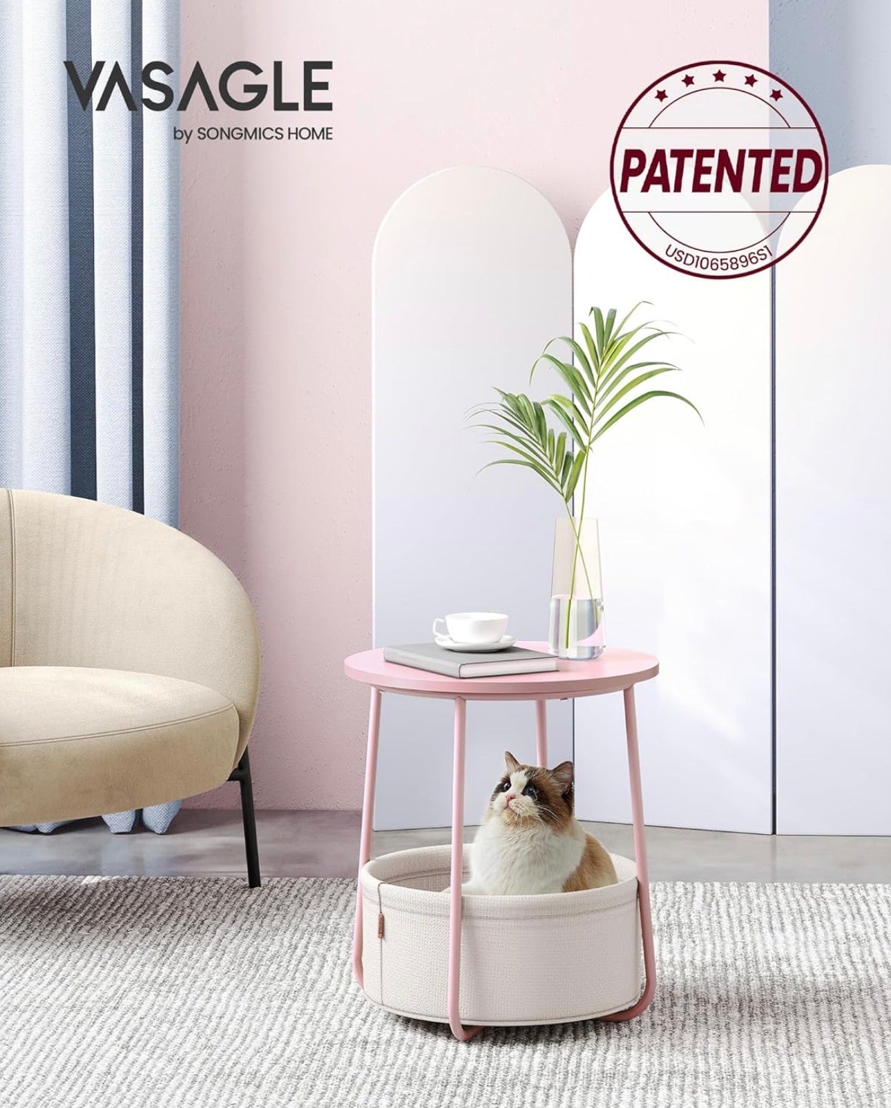 VASAGLE LILEA Round Side Table with Fabric Basket