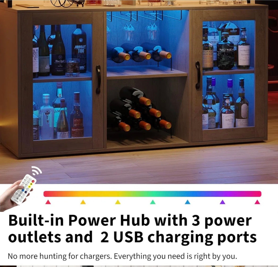 Modern Bar Cabinet with LED Lights & Charging Station
