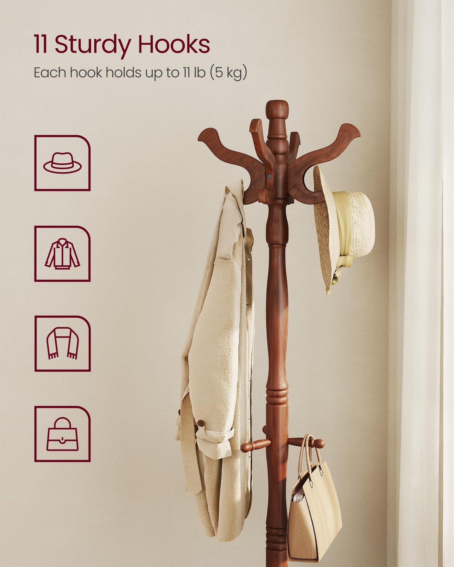 VASAGLE Solid Wood Coat Rack