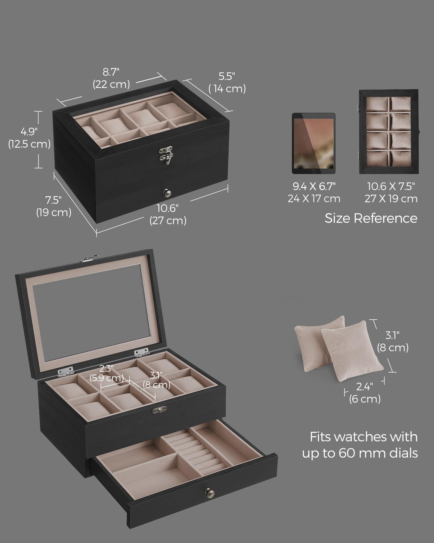 SONGMICS 2-Tier Wooden Watch & Jewelry Box