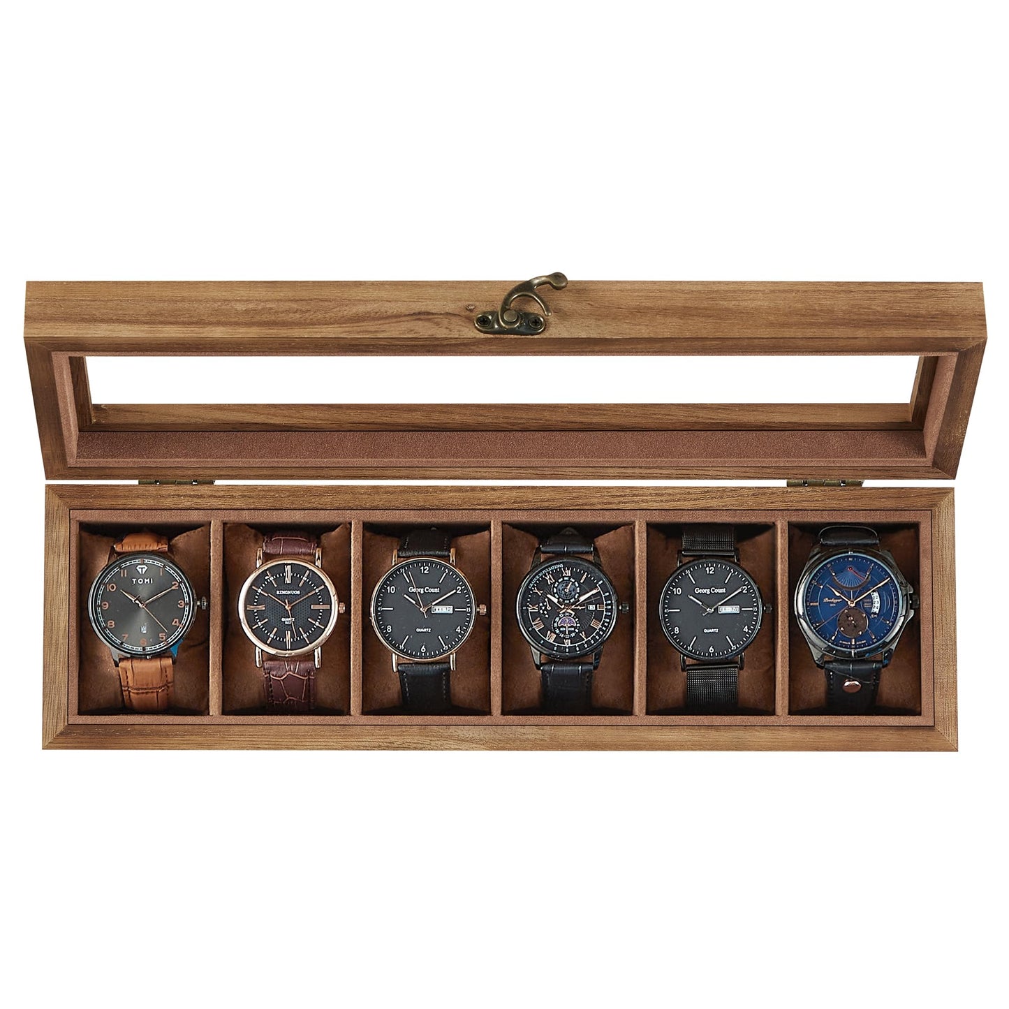 SONGMICS Rustic Walnut Watch Box – 6-Slot Display Case