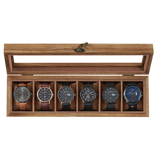 SONGMICS Rustic Walnut Watch Box – 6-Slot Display Case