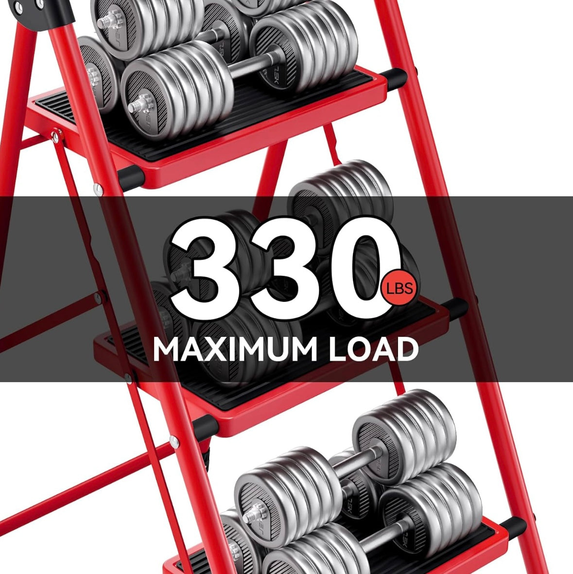 NEW – KINGRACK 3-Step Folding Ladder with Handrail – Red Steel Frame