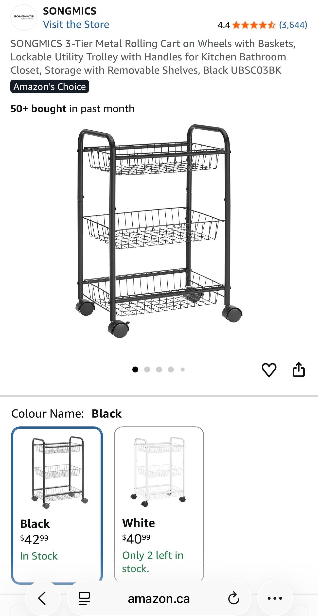 3-Tier Rolling Storage Cart – Black