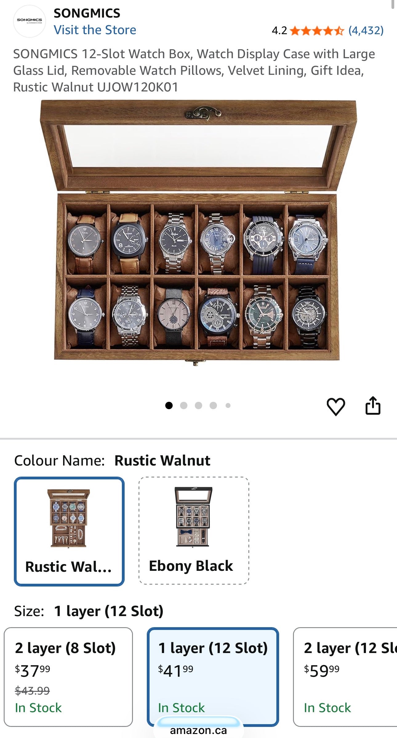 SONGMICS 12-Slot Wooden Watch Box – Rustic Walnut