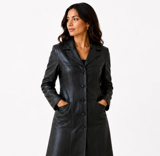 Women’s Long Leather Coat – Size 2XS