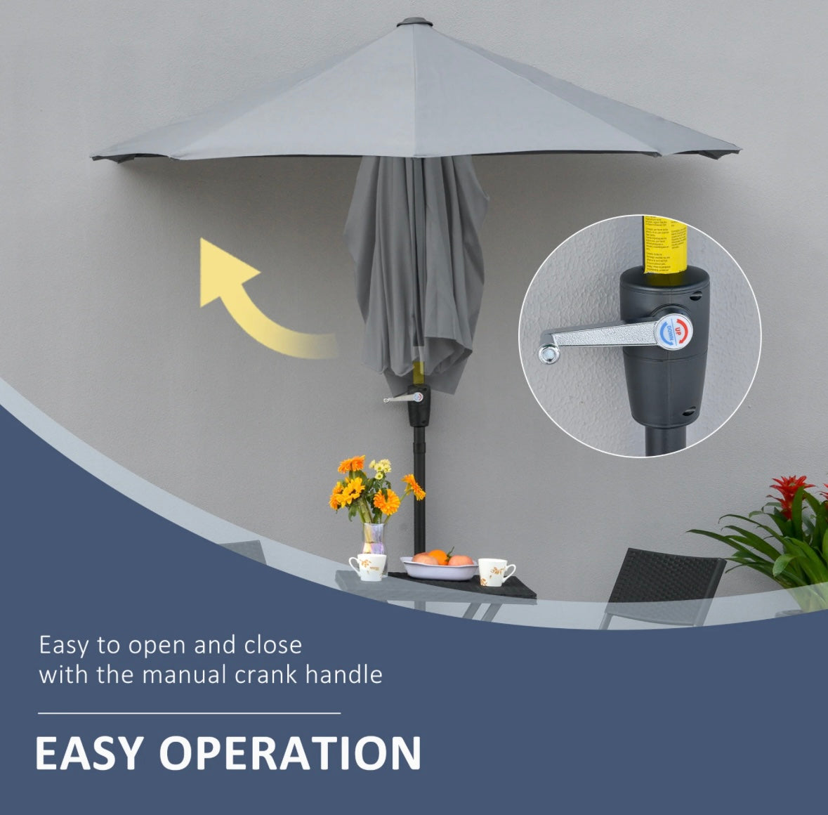 Outsunny Half Patio Umbrella — Wall-Mounted Design with Double-Sided Canopy & Crank Handle (Dark Grey)