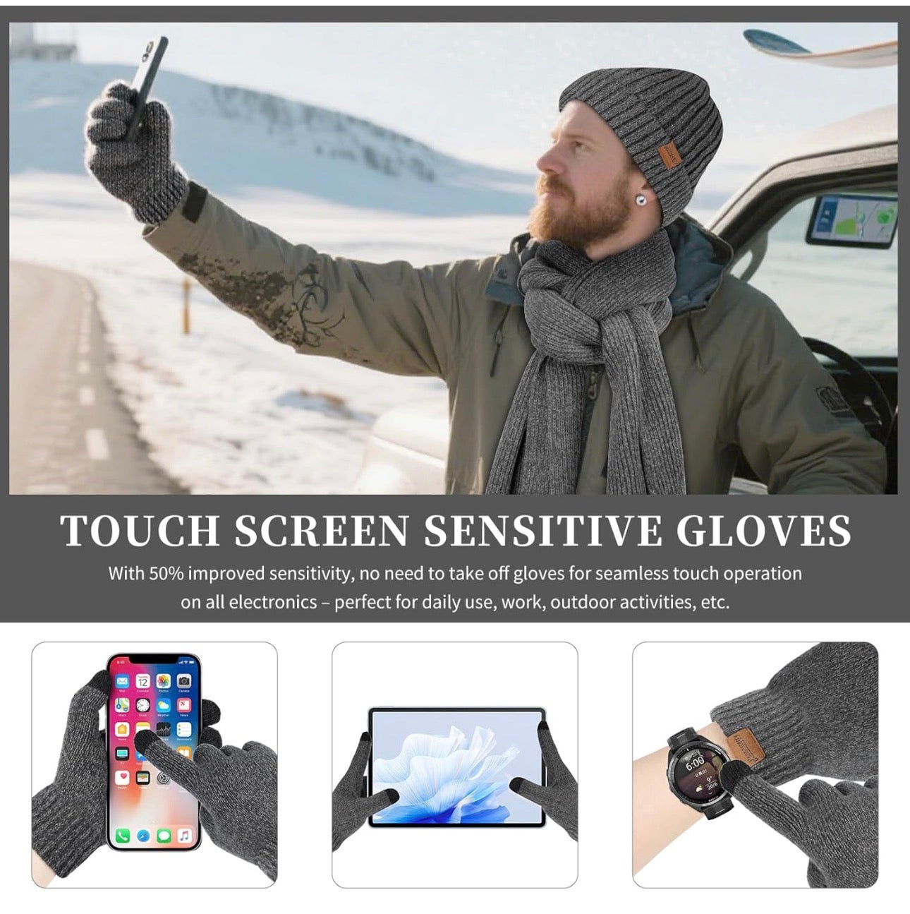 Honnesserry Winter Knit Scarf, Beanie & Touchscreen Gloves Set