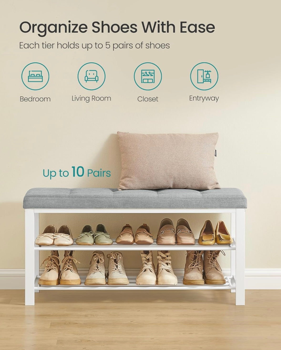 Modern 2-Tier Shoe Bench with Padded Seat — Dark Gray + Cloud White