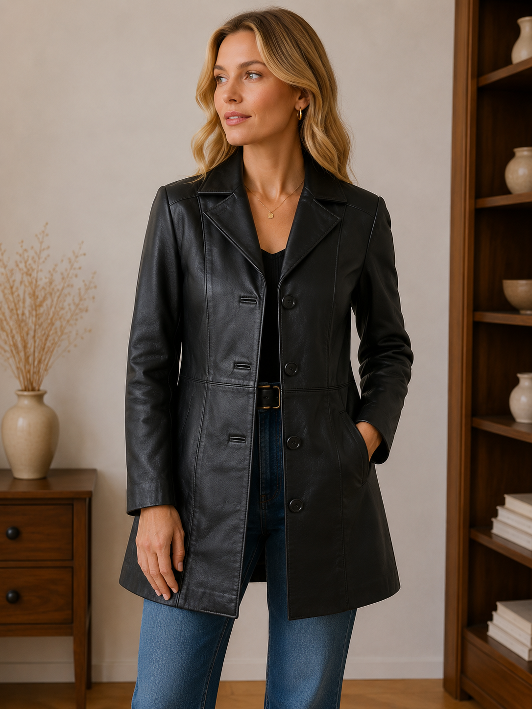 Women’s Tailored Black Leather Jacket – Classic Mid-Length Style