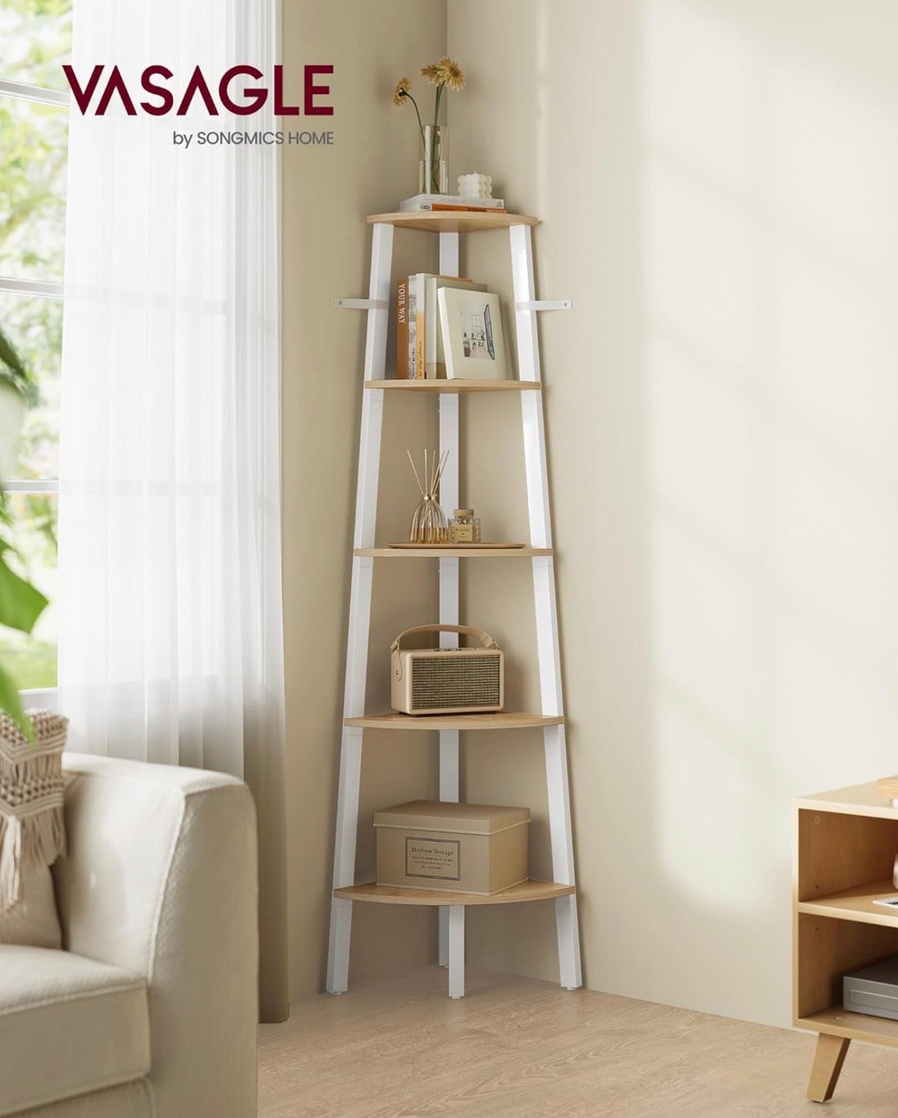 5-Tier Corner Shelf – Natural Oak + Matte White