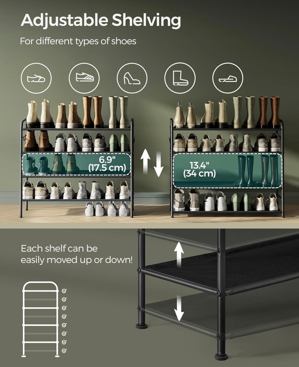 4-Tier Adjustable Shoe Rack with Side Hooks