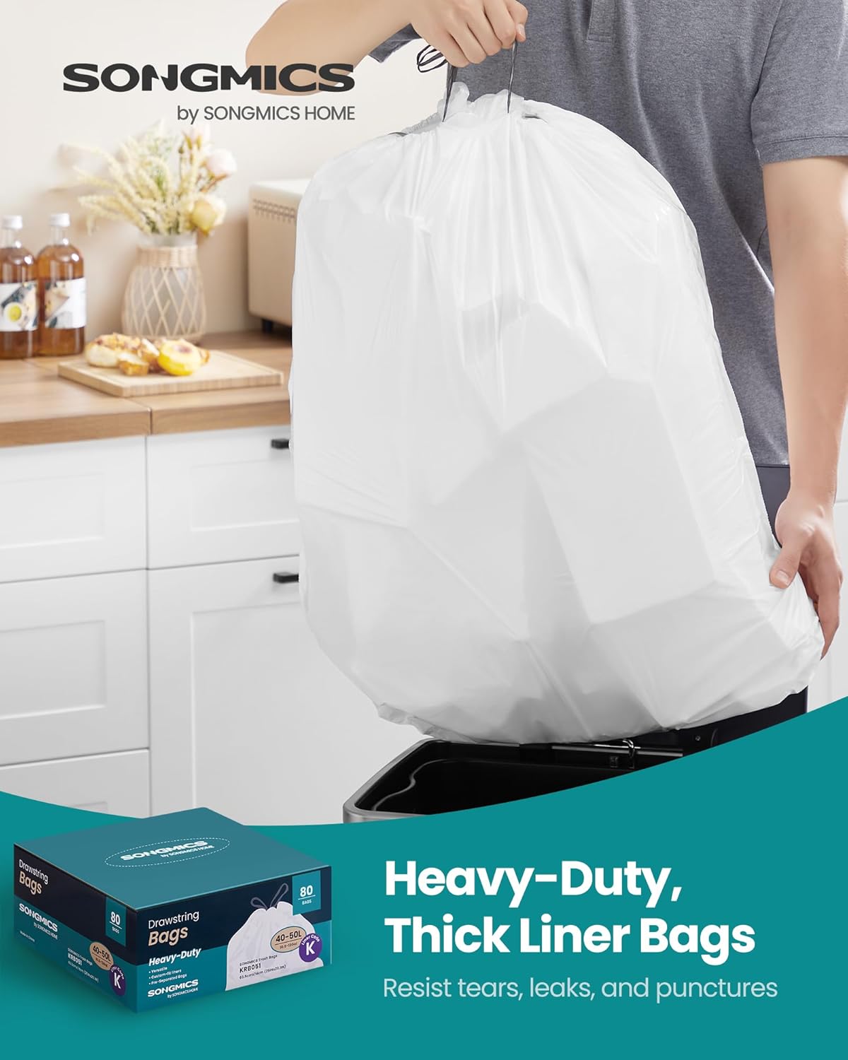 SONGMICS 13-Gallon Heavy-Duty Trash Bags – Cream White (80 Count)