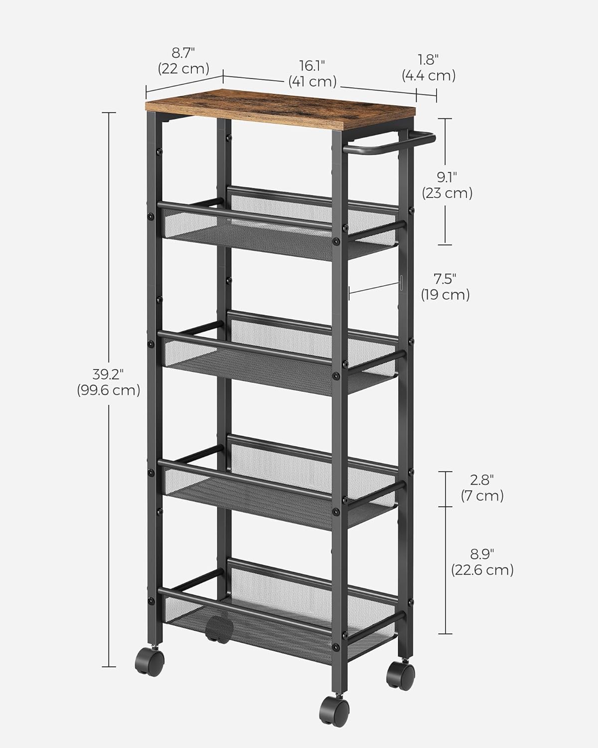 VASAGLE 5-Tier Slim Rolling Storage Cart