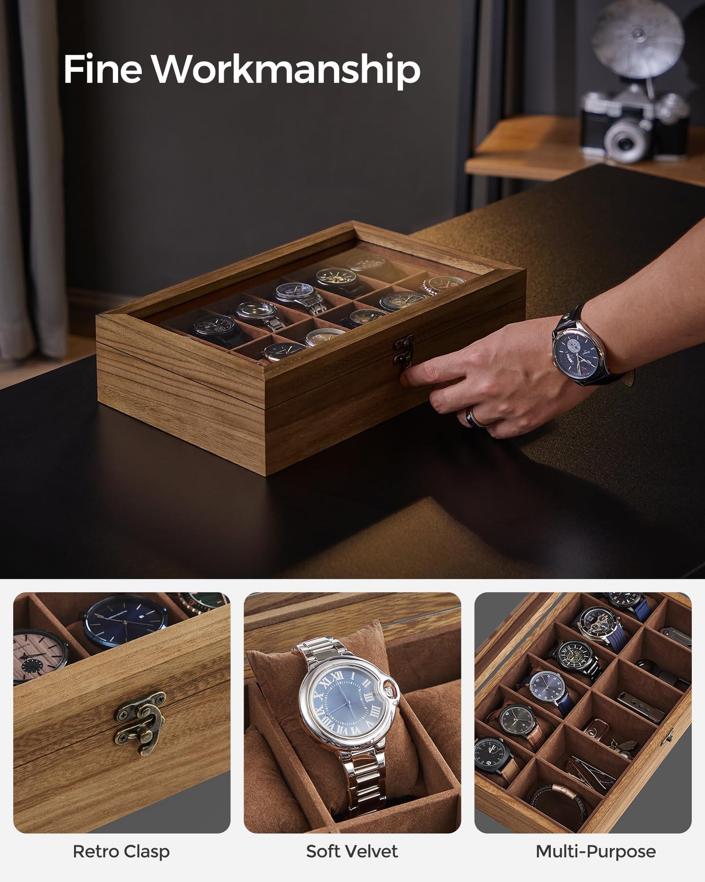 SONGMICS 12-Slot Wooden Watch Box – Rustic Walnut