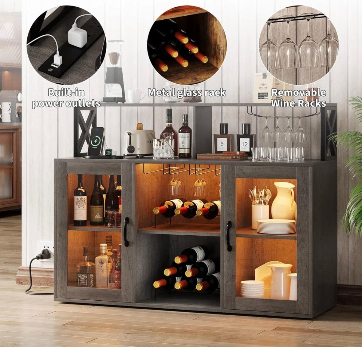 Modern Bar Cabinet with LED Lights & Charging Station